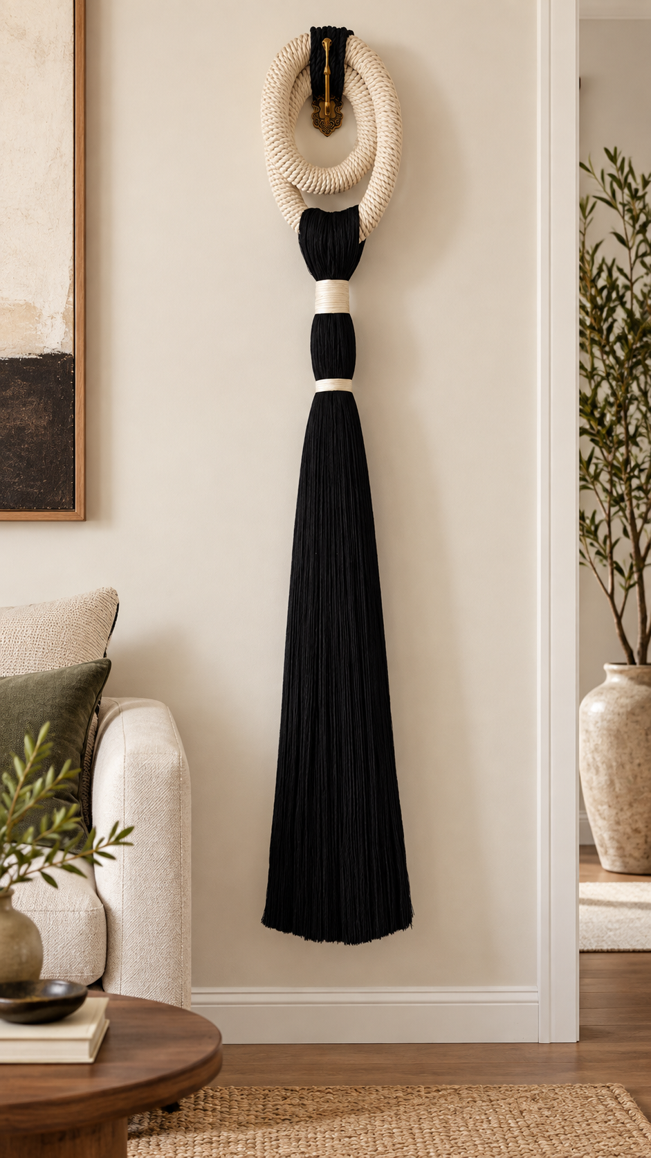 Large Black & Ivory Fiber Sculpture Tassel
